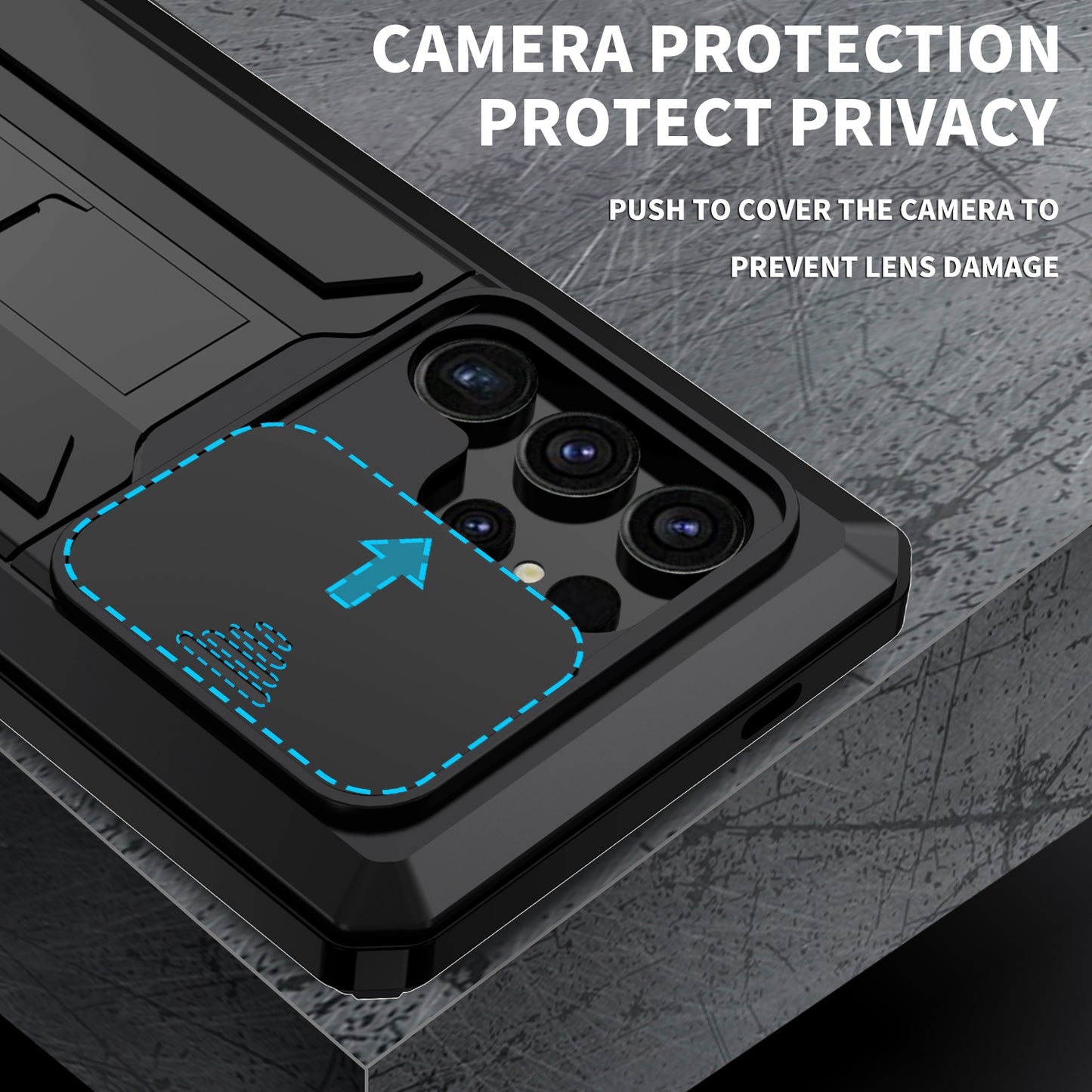 R-JUST Black Case PC + Silicone + Metal Back Shell with Slide Camera Lid - For Samsung Galaxy S24 Ultra