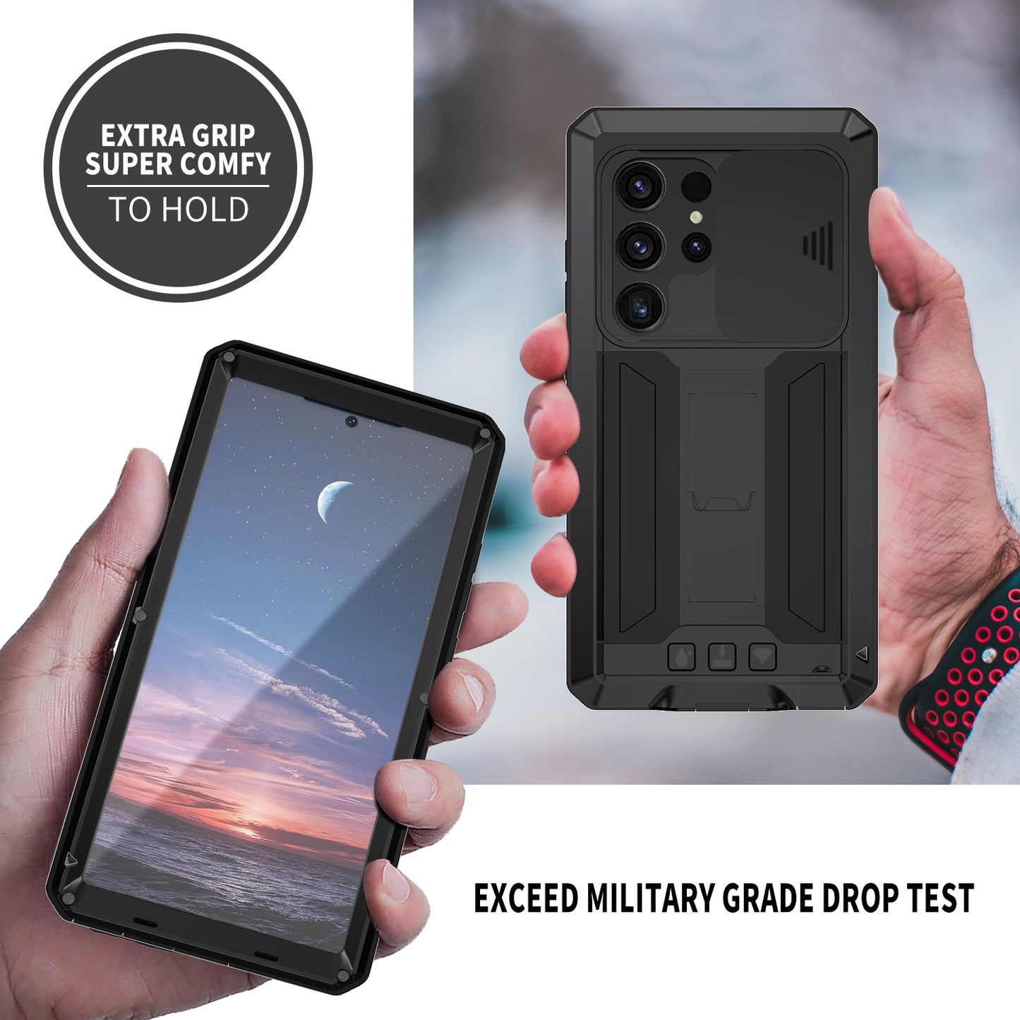 R-JUST Black Case PC + Silicone + Metal Back Shell with Slide Camera Lid - For Samsung Galaxy S24 Ultra