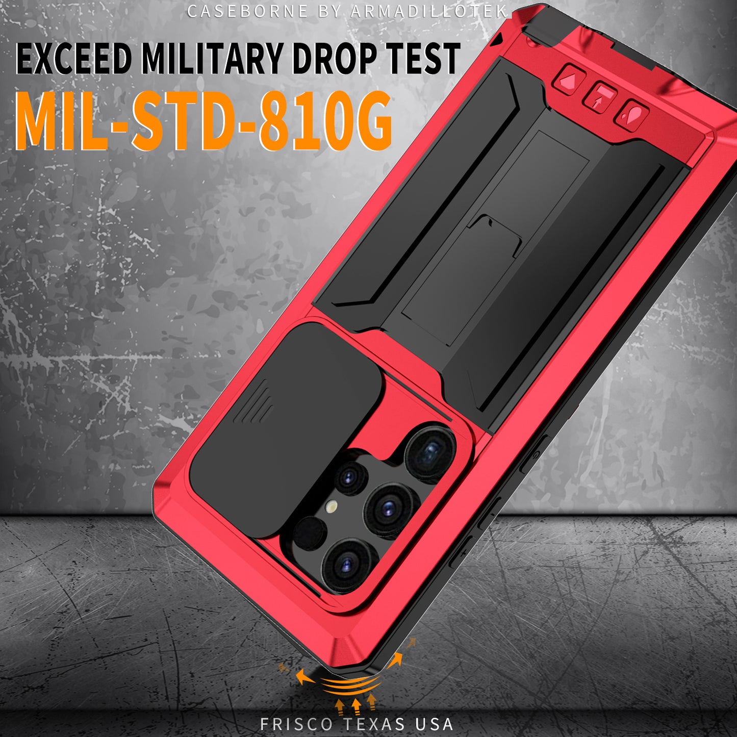 R-JUST Red Case PC + Silicone + Metal Back Shell with Slide Camera Lid - For Samsung Galaxy S24 Ultra