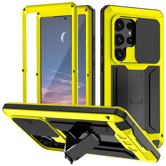 R-JUST Yellow Case PC + Silicone + Metal Back Shell with Slide Camera Lid - For Samsung Galaxy S24 Ultra