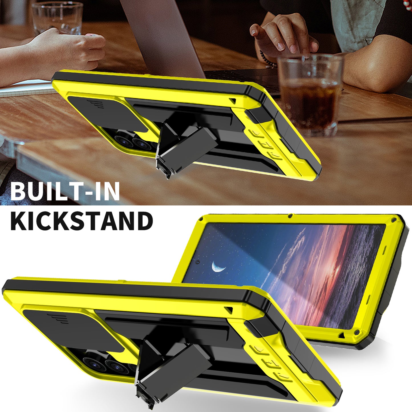 R-JUST Yellow Case PC + Silicone + Metal Back Shell with Slide Camera Lid - For Samsung Galaxy S24 Ultra