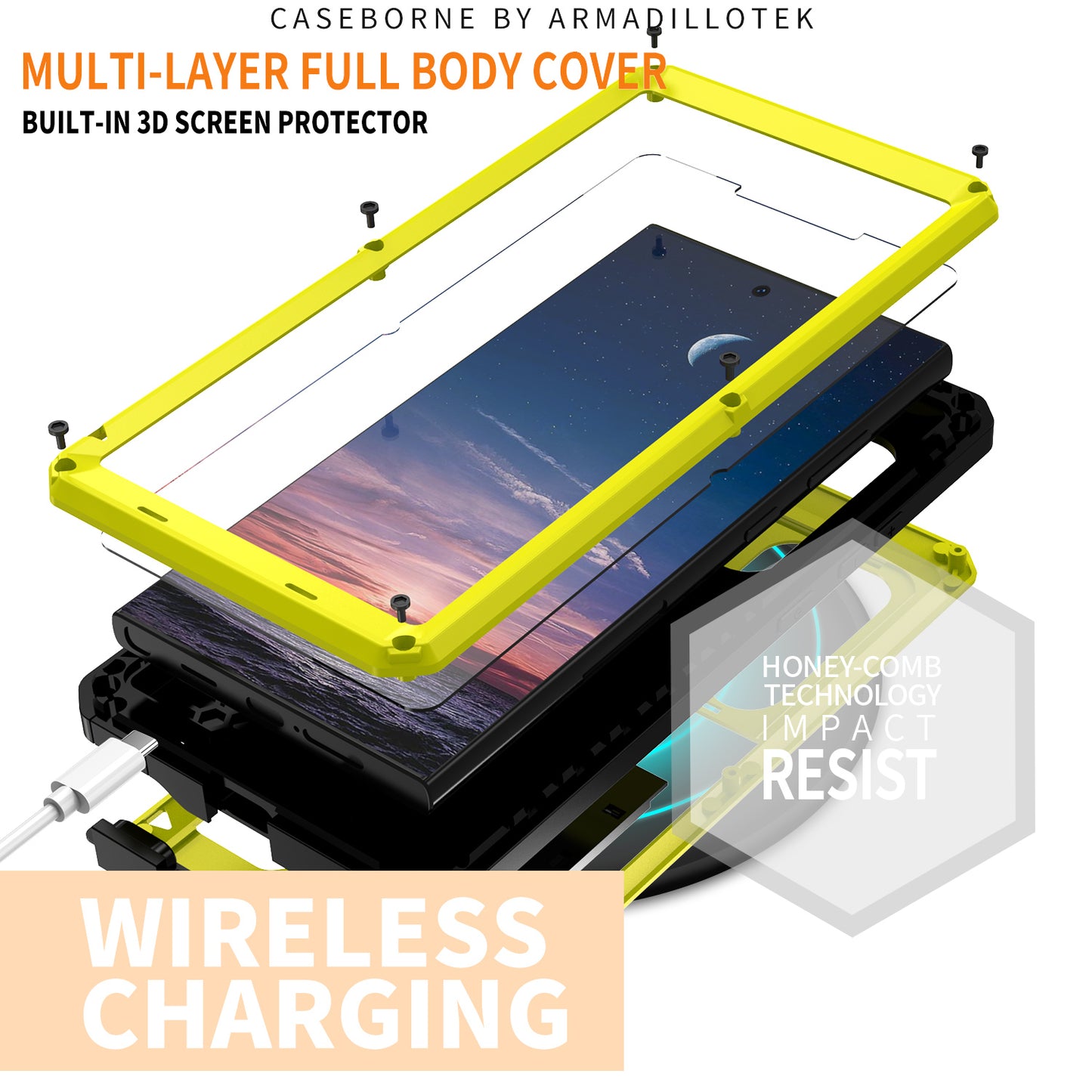 R-JUST Yellow Case PC + Silicone + Metal Back Shell with Slide Camera Lid - For Samsung Galaxy S24 Ultra