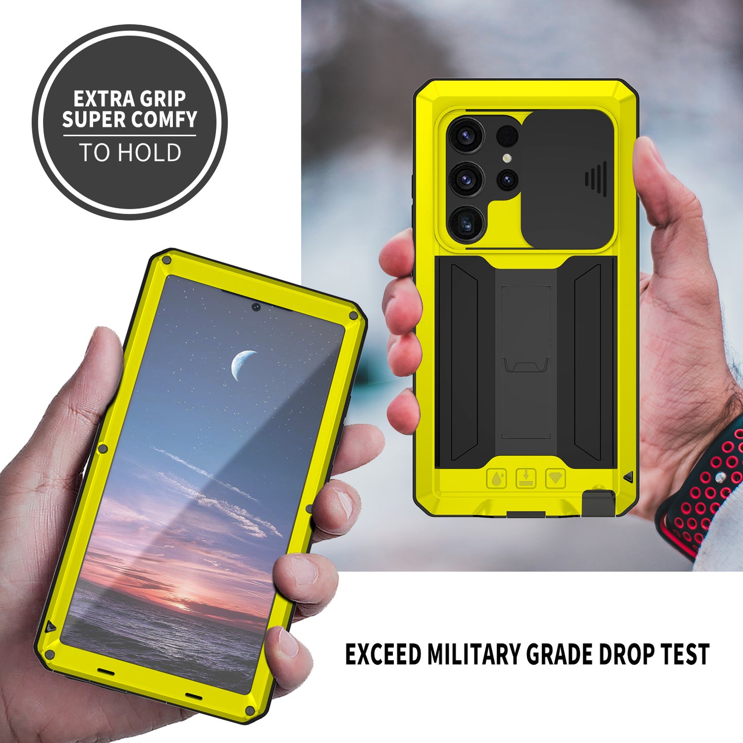 R-JUST Yellow Case PC + Silicone + Metal Back Shell with Slide Camera Lid - For Samsung Galaxy S24 Ultra