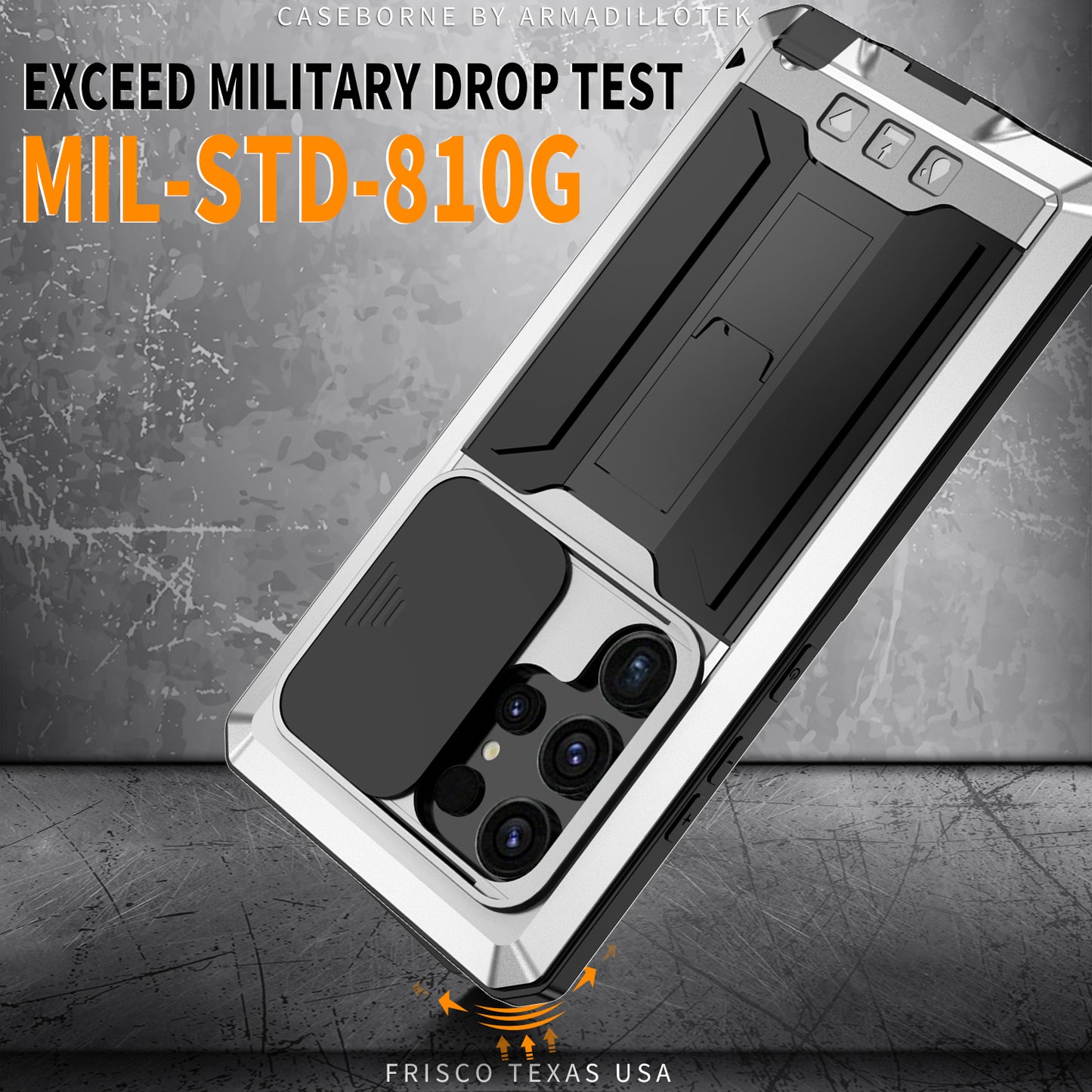 R-JUST Silver Case PC + Silicone + Metal Back Shell with Slide Camera Lid - For Samsung Galaxy S24 Ultra