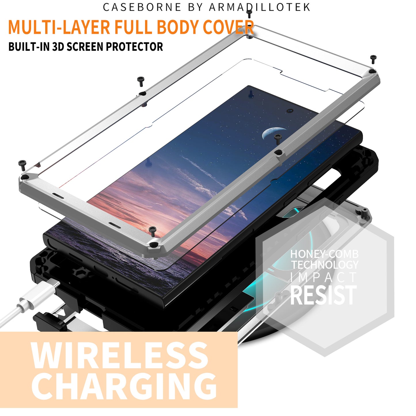 R-JUST Silver Case PC + Silicone + Metal Back Shell with Slide Camera Lid - For Samsung Galaxy S24 Ultra