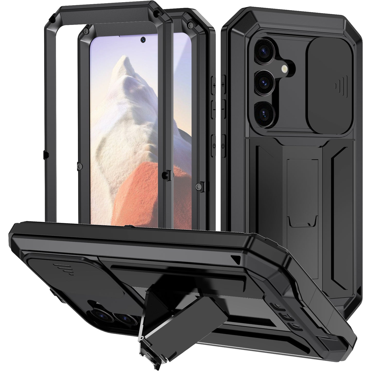 R-JUST Black Case PC + Silicone + Metal Back Shell with Slide Camera Lid - For Samsung Galaxy S24