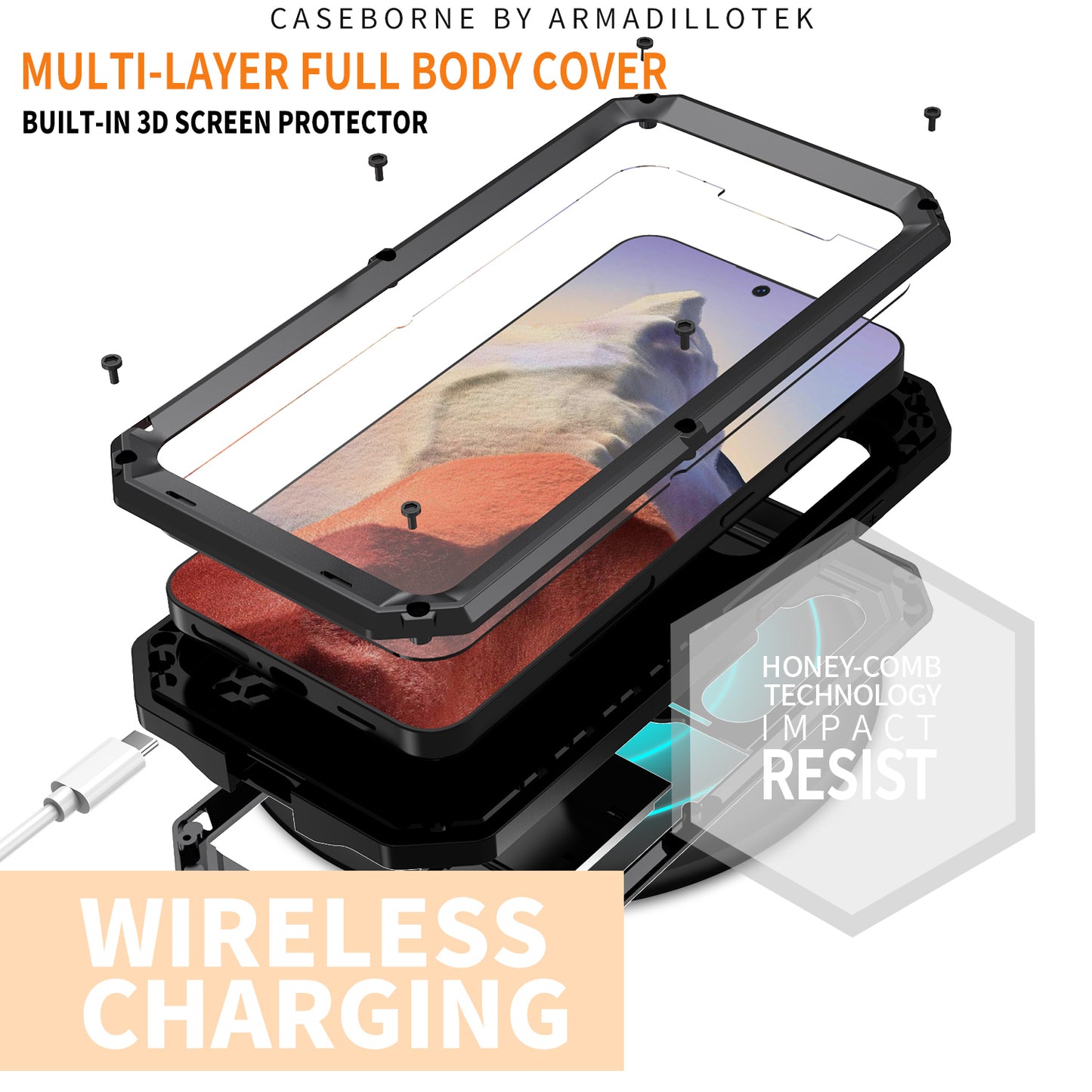 R-JUST Black Case PC + Silicone + Metal Back Shell with Slide Camera Lid - For Samsung Galaxy S24