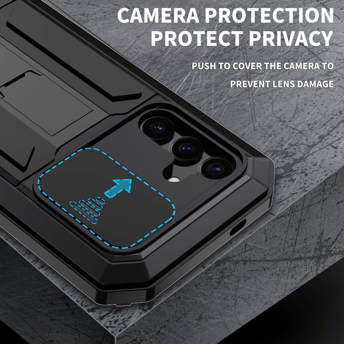 R-JUST Black Case PC + Silicone + Metal Back Shell with Slide Camera Lid - For Samsung Galaxy S24