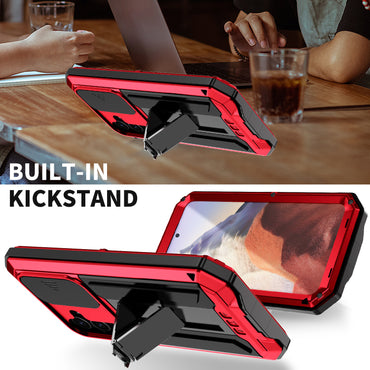 R-JUST Red Case PC + Silicone + Metal Back Shell with Slide Camera Lid - For Samsung Galaxy S24