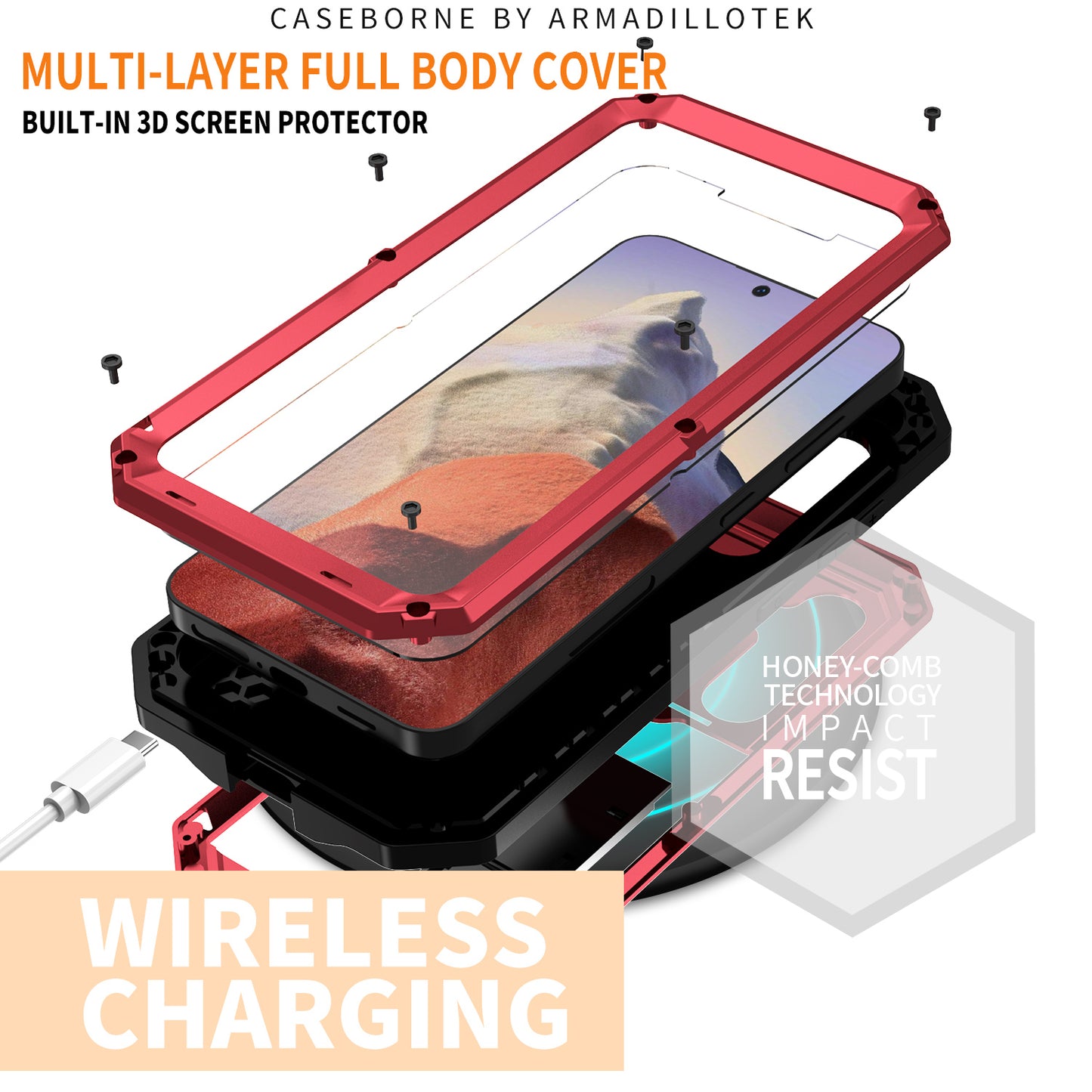 R-JUST Red Case PC + Silicone + Metal Back Shell with Slide Camera Lid - For Samsung Galaxy S24