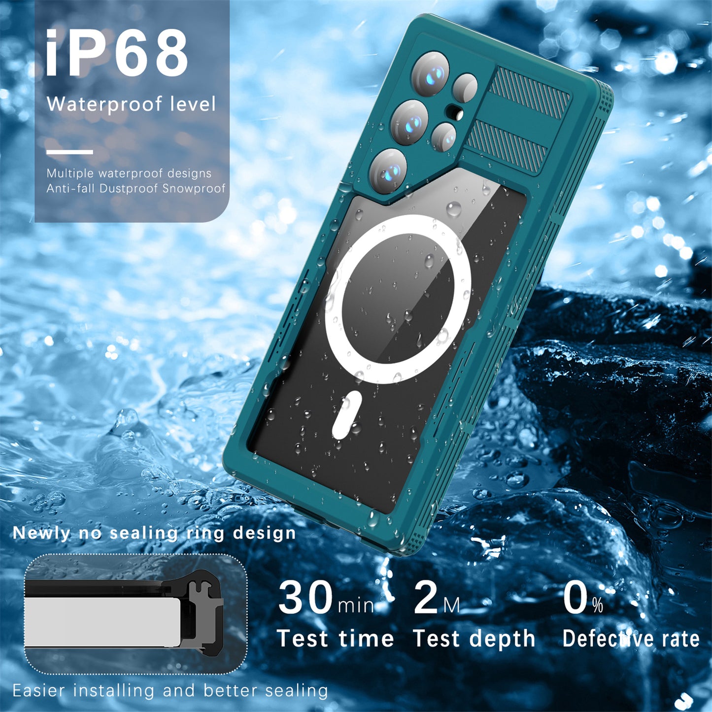 REDPEPPER Magnetic Phone Case IP68 Waterproof Clear Lake Blue+Cyan Back Cover - For Samsung Galaxy S24 Ultra