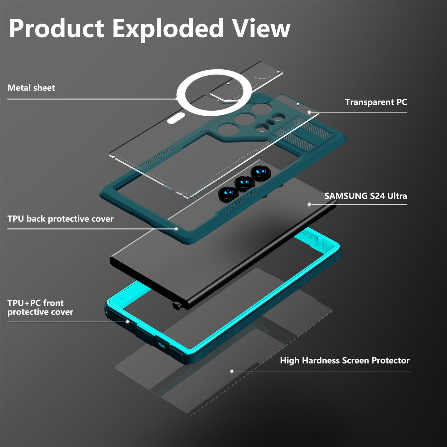 REDPEPPER Magnetic Phone Case IP68 Waterproof Clear Lake Blue+Cyan Back Cover - For Samsung Galaxy S24 Ultra