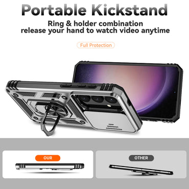 Case with Camera Slide Protector Kickstand PC+TPU Silver Phone Cover - For Samsung Galaxy S24