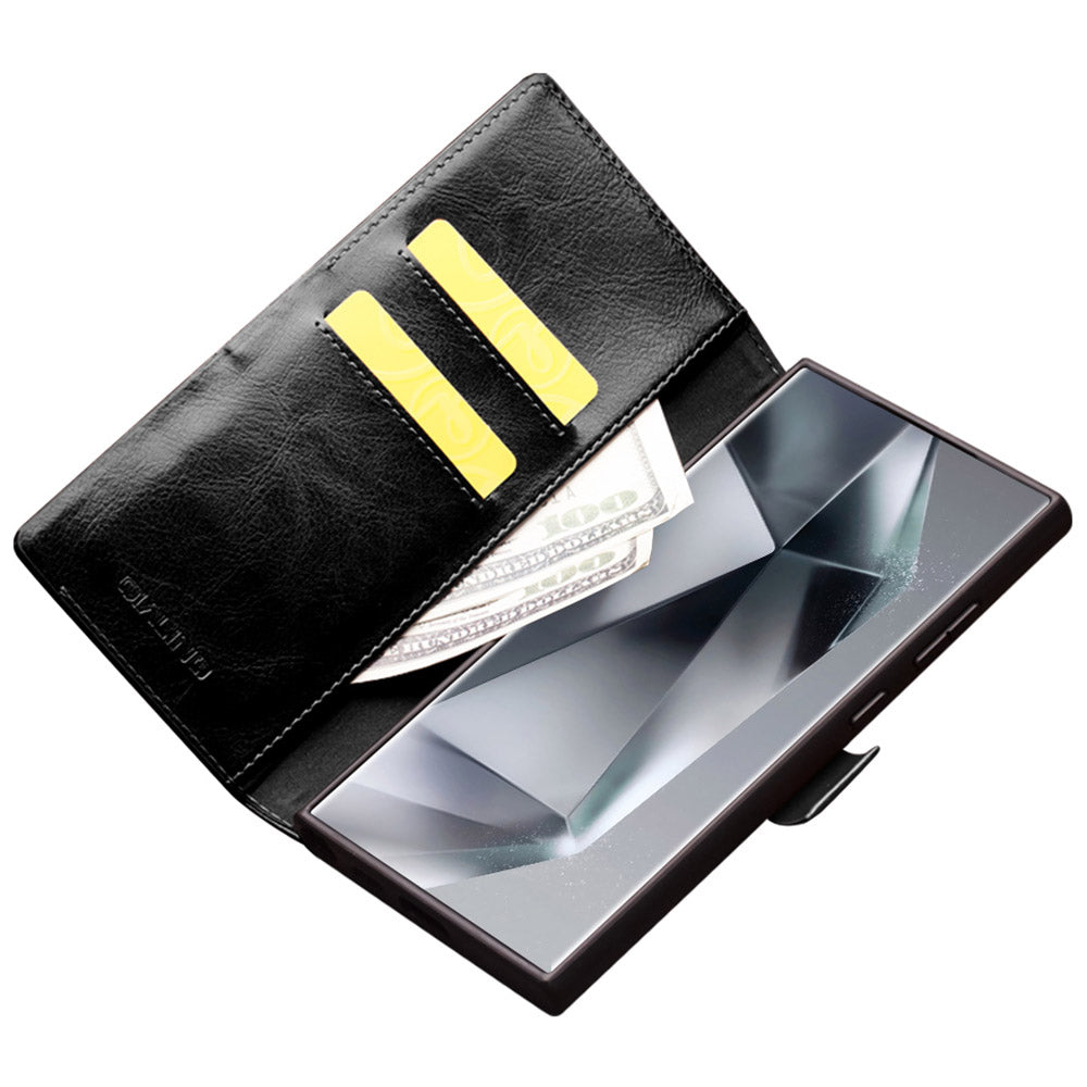 Qialino Wallet Case Genuine Cow Leather Black Folio Flip Cover - For Samsung Galaxy S24 Ultra