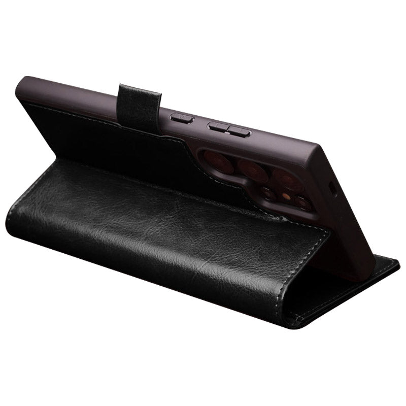 Qialino Wallet Case Genuine Cow Leather Black Folio Flip Cover - For Samsung Galaxy S24 Ultra