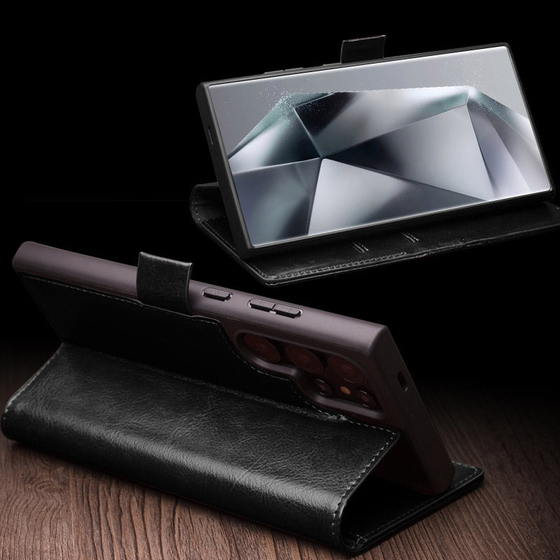 Qialino Wallet Case Genuine Cow Leather Black Folio Flip Cover - For Samsung Galaxy S24 Ultra