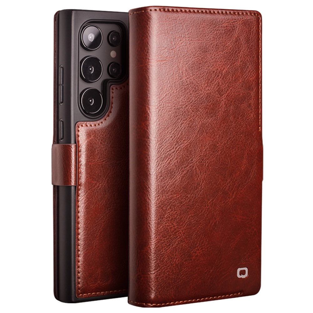 Qialino Wallet Case Genuine Cow Leather Brown Folio Flip Cover For Samsung Galaxy S24 Ultra - MosAccessories.co.uk