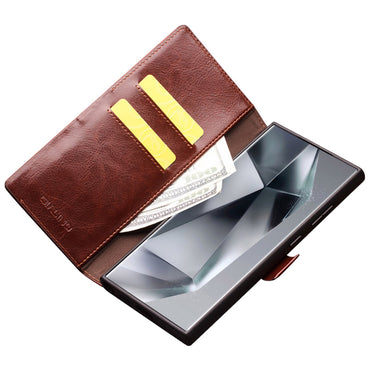 Qialino Wallet Case Genuine Cow Leather Brown Folio Flip Cover For Samsung Galaxy S24 Ultra - MosAccessories.co.uk