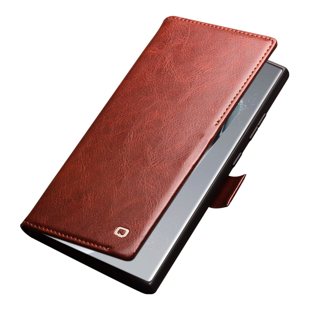 Qialino Wallet Case Genuine Cow Leather Brown Folio Flip Cover For Samsung Galaxy S24 Ultra - MosAccessories.co.uk