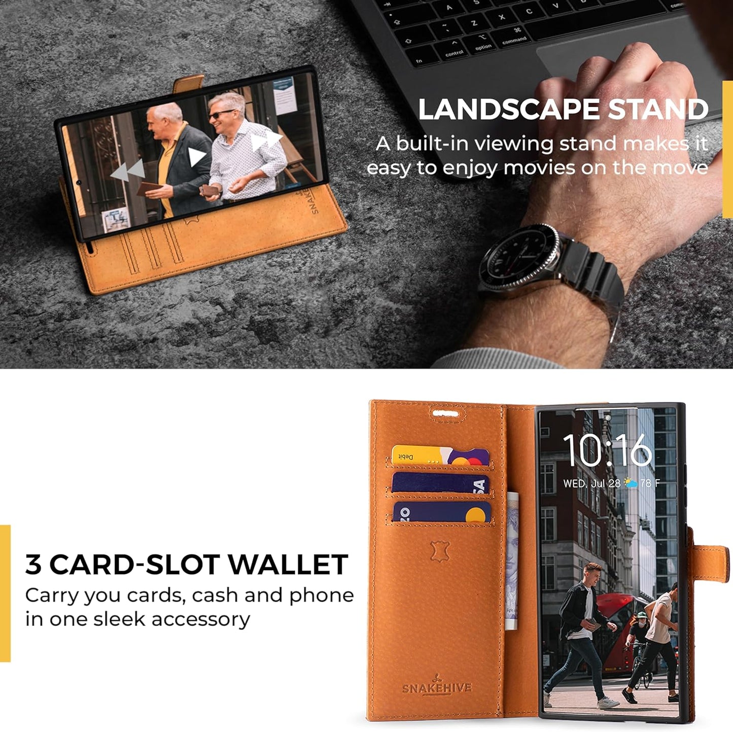 Snakehive Genuine Leather Brown Wallet Case with Viewing Stand and 3 Card Holder - For Samsung Galaxy S24 Ultra