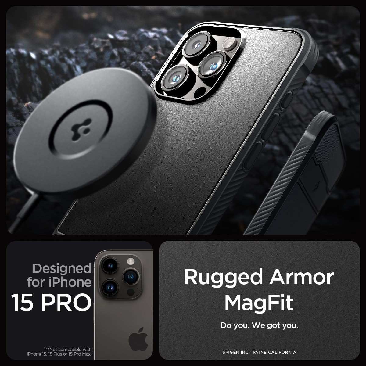 Spigen Rugged Armor Magfit Matte Black Case - For iPhone 15 Pro - mosaccessories