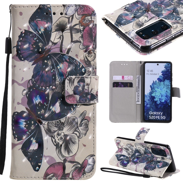 3D Painting Flip Leather Case with Card Slot & Lanyard (Black Butterflies) - For Samsung Galaxy S20 FE - mosaccessories