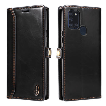 GQUTROBE RFID Blocking Oil Wax PU Leather Wallet Case - For Samsung Galaxy A21s - mosaccessories