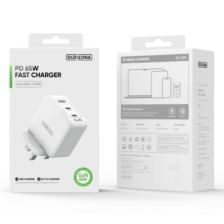 DUZZONA T9 65W Dual USB-C + USB White Mains Fast Charger (UK Plug) - mosaccessories