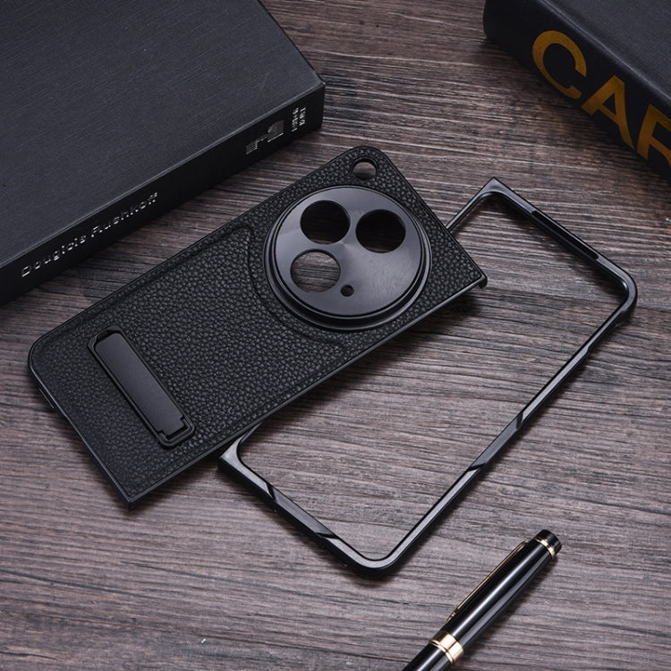 Litchi Texture PU Phone Case with Holder (Black) - For OnePlus Open - Mos Accessories