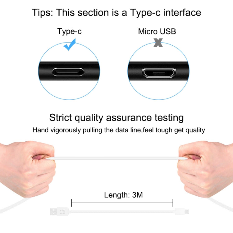 Haweel USB-C / Type-C to USB 2.0 White Data & Charging Cable - 3m - mosaccessories