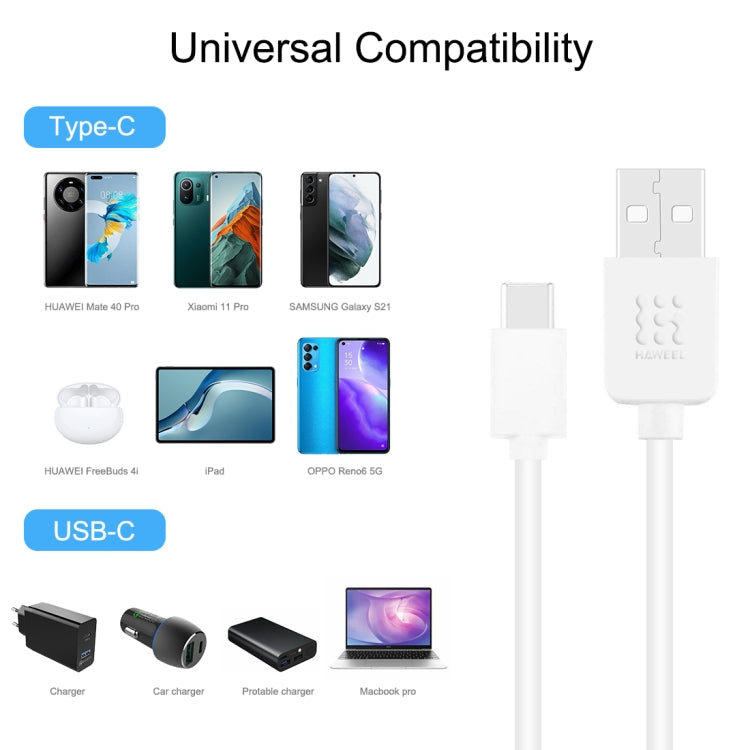 Haweel USB-C / Type-C to USB 2.0 White Data & Charging Cable - 3m - mosaccessories