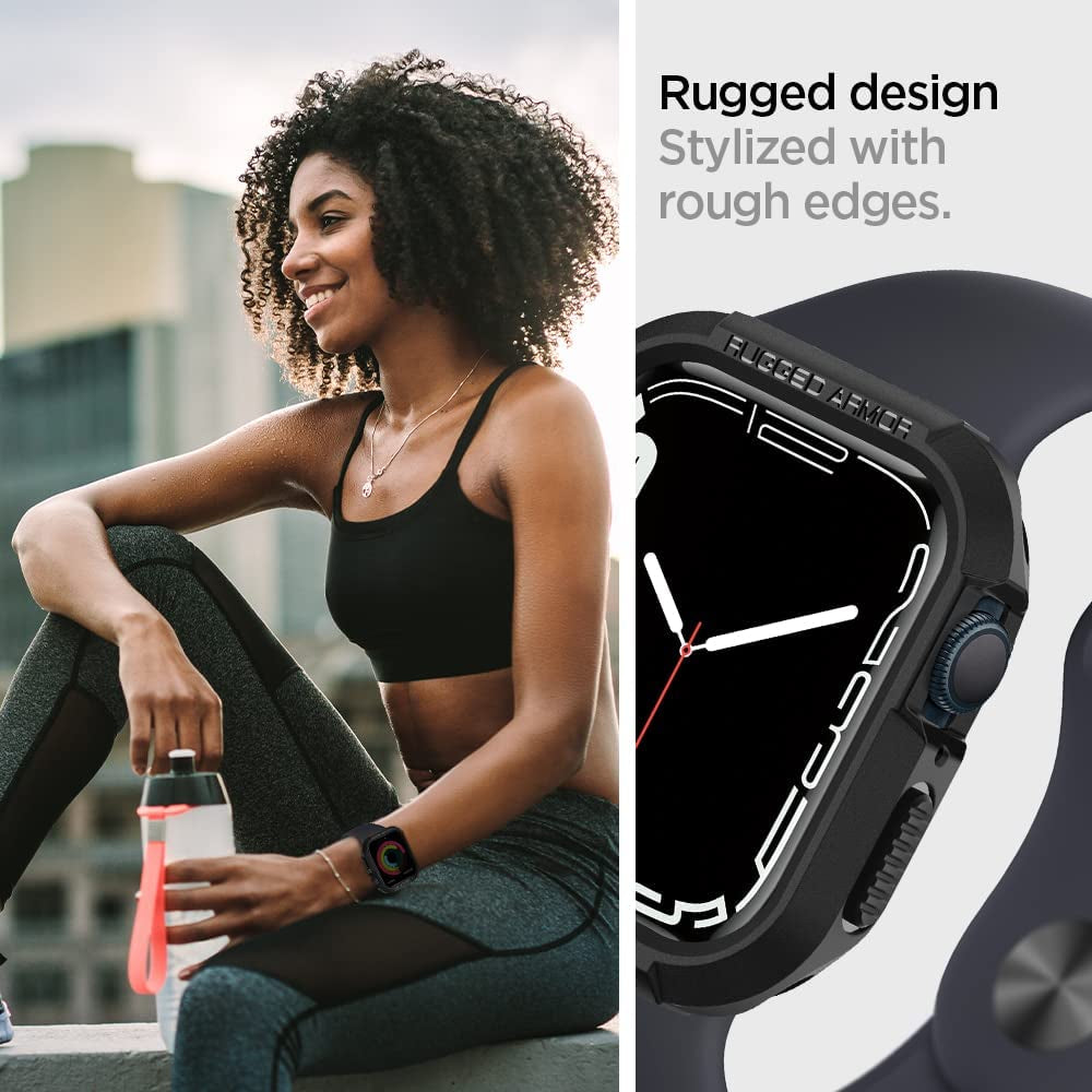 Spigen Rugged Armor Black Case - For Apple Watch Series 9/8/7 (45mm) and Series 6/SE/5/4 (44mm)