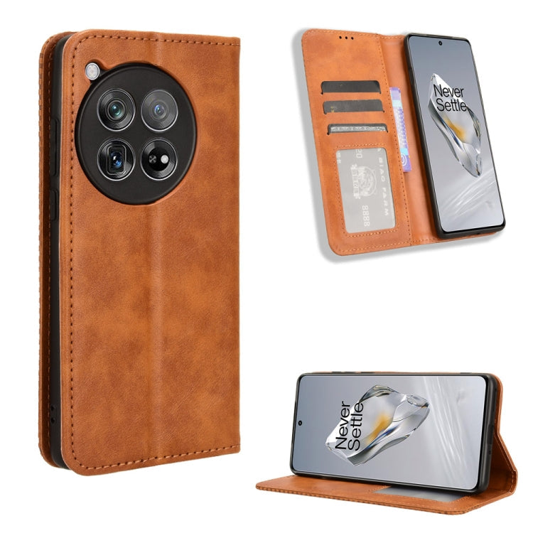 Magnetic Buckle Retro Texture Brown Leather Phone Case - For OnePlus 12