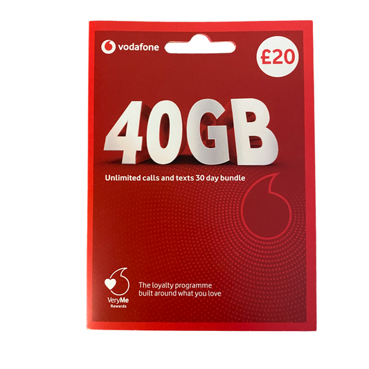 Vodafone Pay As You Go Sim Card 30 Day Bundle Front - £20 - MosAccessories.co.uk
