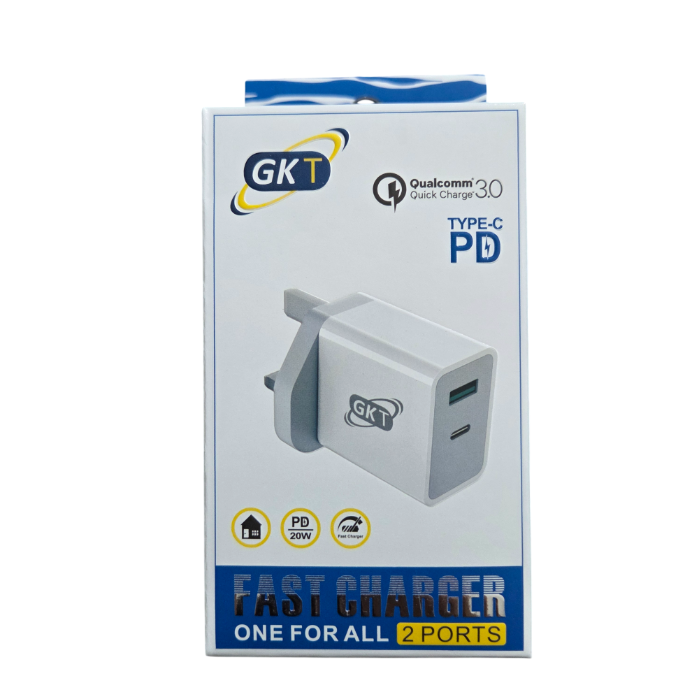 GK Telecom USB-C & USB QC 3.0 2 Port 20W Fast Charger Power Adapter Mains UK Plug Grey/White
