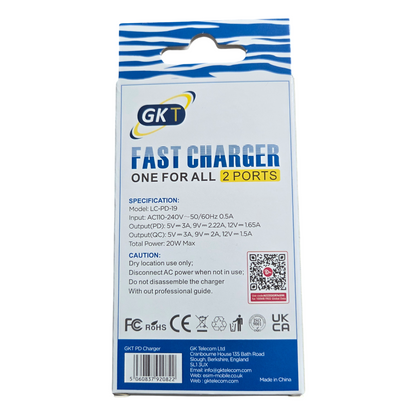 GK Telecom USB-C & USB QC 3.0 2 Port 20W Fast Charger Power Adapter Mains UK Plug Grey/White