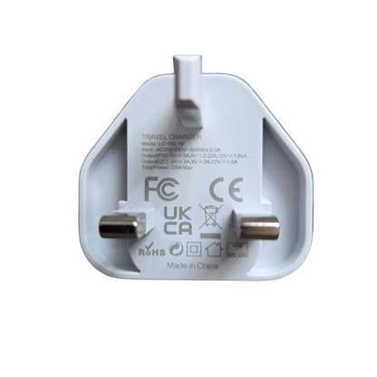 GK Telecom USB-C & USB QC 3.0 2 Port 20W Fast Charger Power Adapter Mains UK Plug Grey/White