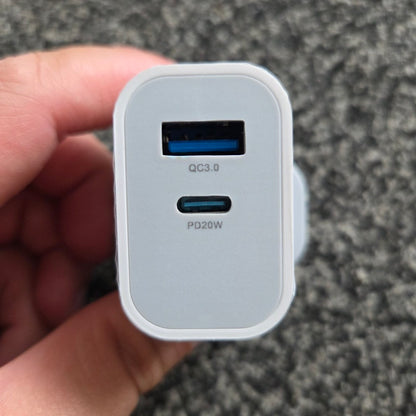 GK Telecom USB-C & USB QC 3.0 2 Port 20W Fast Charger Power Adapter Mains UK Plug Grey/White