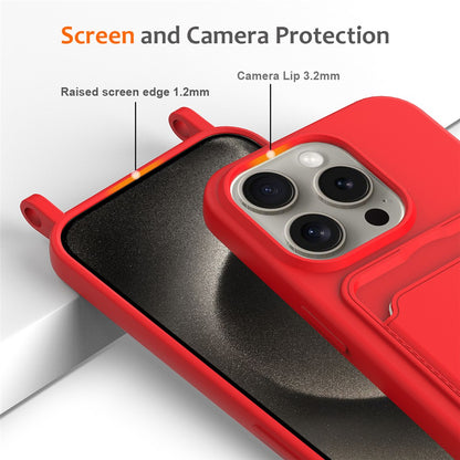 Liquid Silicone Card Holder Case Phone Back Cover with Lanyard - For iPhone 16 Pro