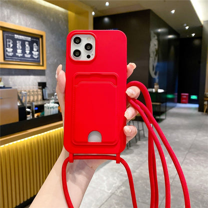 Liquid Silicone Card Holder Case Phone Back Cover with Lanyard - For iPhone 16 Pro