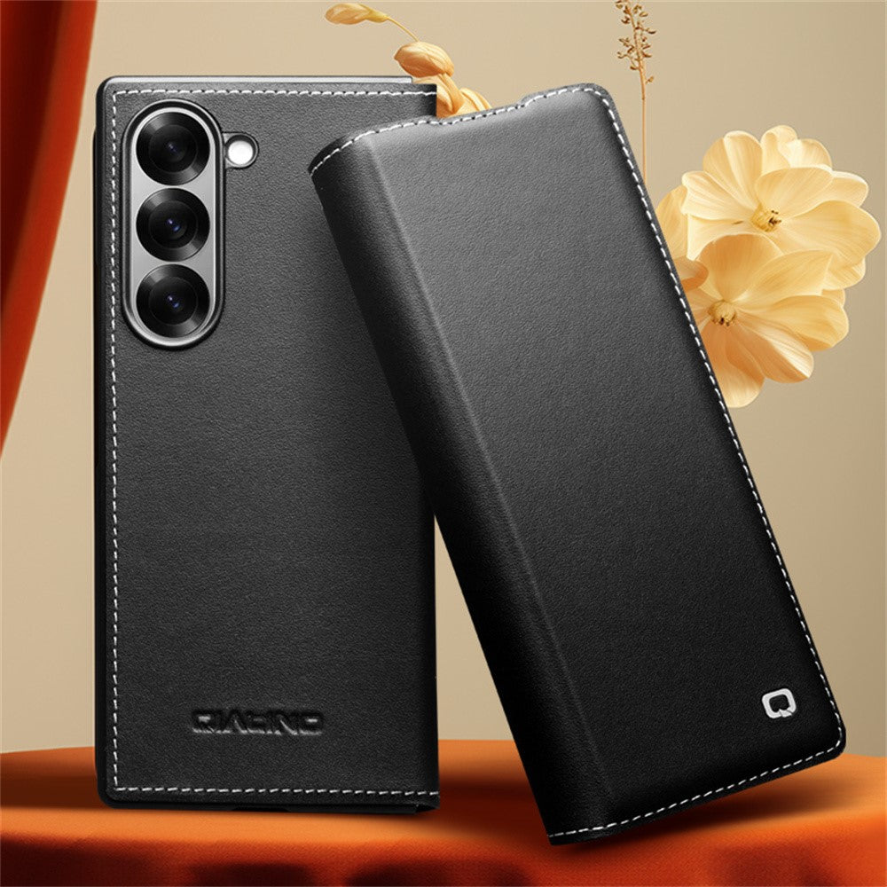 Qialino Genuine Cow Leather Flip Black Cover - For Samsung Galaxy Z Fold6