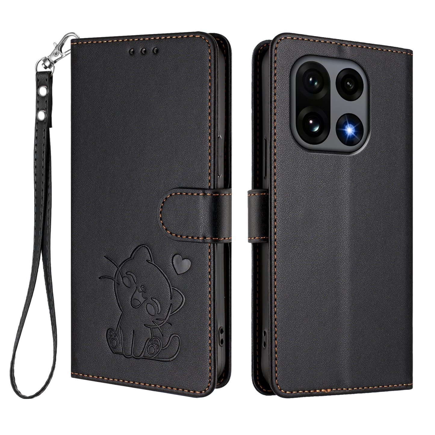 Love Cat Pattern Imprint PU Leather Wallet Case with Wrist Strap - For OnePlus 15