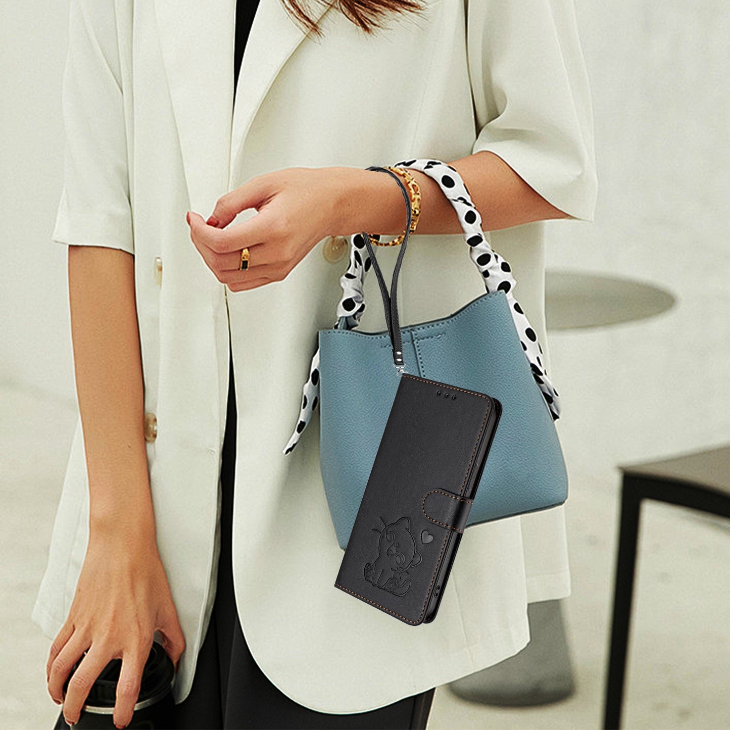 Love Cat Pattern Imprint PU Leather Wallet Case with Wrist Strap - For OnePlus 15