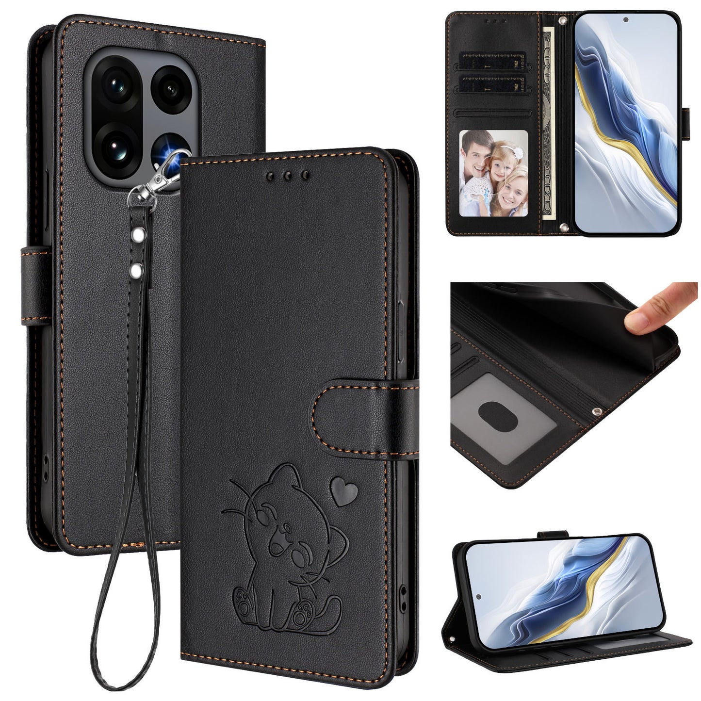 Love Cat Pattern Imprint PU Leather Wallet Case with Wrist Strap - For OnePlus 15