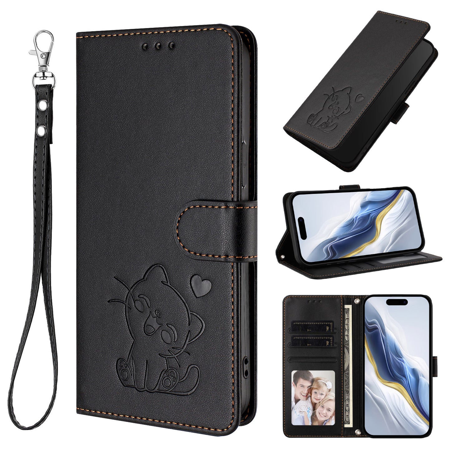 Love Cat Pattern Imprint PU Leather Wallet Case with Wrist Strap - For OnePlus 15