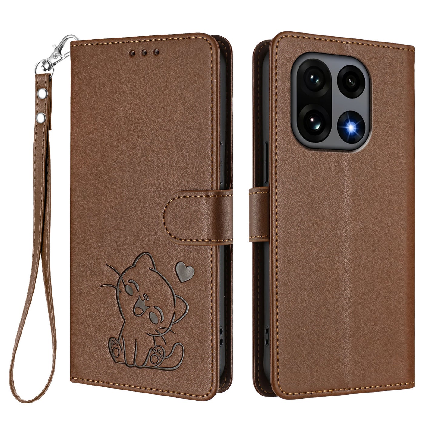 Love Cat Pattern Imprint PU Leather Wallet Case with Wrist Strap - For OnePlus 15