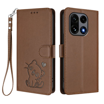 Love Cat Pattern Imprint PU Leather Wallet Case with Wrist Strap - For OnePlus 15