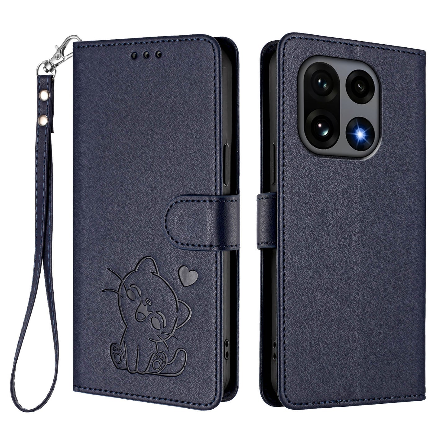 Love Cat Pattern Imprint PU Leather Wallet Case with Wrist Strap - For OnePlus 15