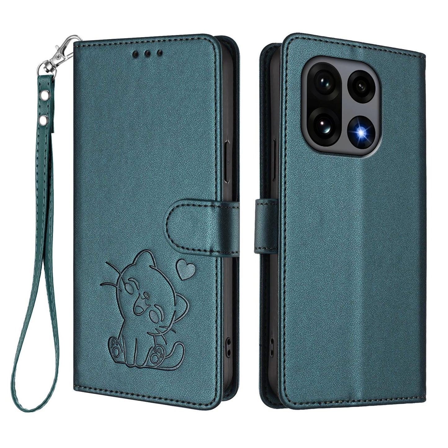 Love Cat Pattern Imprint PU Leather Wallet Case with Wrist Strap - For OnePlus 15