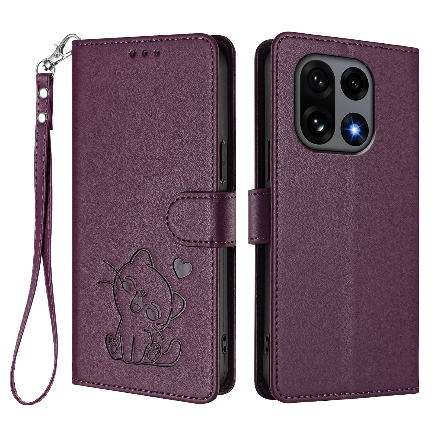 Love Cat Pattern Imprint PU Leather Wallet Case with Wrist Strap - For OnePlus 15